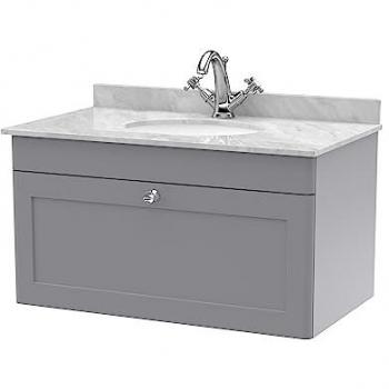 Satin Grey 800mm Wall Hung Vanity with Round Basin and Marble Top