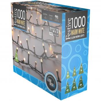 Festive Indoor & Outdoor 7ft Christmas Tree Glow-Worm Lights 1000 Warm White LEDs