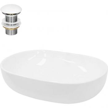 Lavabo Appoggio ECD Germany 600x420x145 mm Bianco Ceramico, con Piletta di Scarico – Lavello Ovale