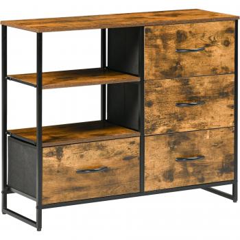 HOMCOM Cómoda de Salón Estilo Industrial con 4 Cajones de Tela Plegable y 2 Estantes, para Almacenaje, 84x30x71,5 cm, Marrón Rústico