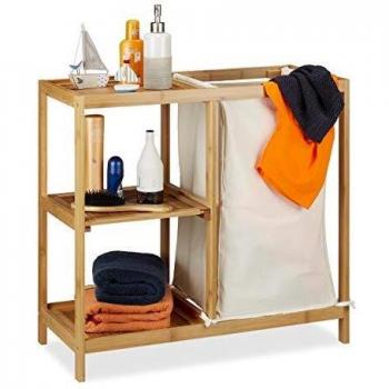 Natural Bamboo Bathroom Shelf with Laundry Bag, 3-Tier, Open Design, 65x68x33 cm
