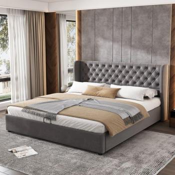 Oreille double lit coffre Wishdor 160x200 sommier lattes velours gris