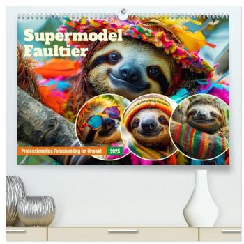 Supermodel Faultier. Professionelles Fotoshooting im Urwald (hochwertiger Premium Wandkalender 2025 DIN A2 quer) Kunstdruck in Hochglanz