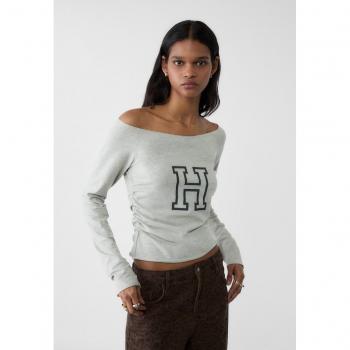 Stradivarius Boat Neck Tee, Grey Melange, Letter Design, XS