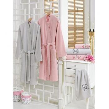 Set di accappatoi da bagno in cotone grigio polvere con ricamo