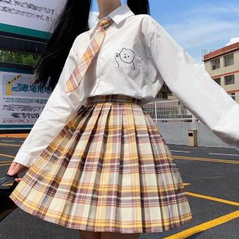 High Waist Plaid Skirt with Long Sleeve Top for Students