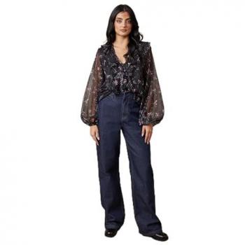 Black Floral Metallic Ruffle Blouse by Oasis