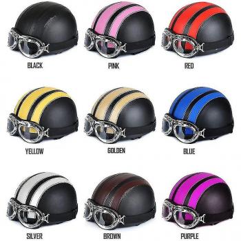 Retro Scooter Moto Casque Demi-Face en Cuir avec Lunettes UV 54-60cm Silver