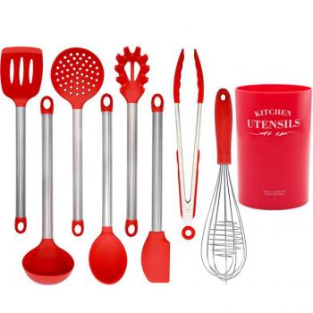 Ensemble de cuisine en silicone avec spatule, pelle et cuillère à soupe en bois