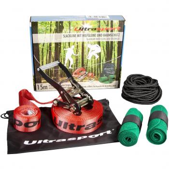 Children’s Fitness Slackline – Ultrasport 15 m, Ratchet Mechanism, Comes with Tree Guard and Backpack
