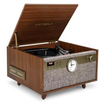 Centro Musical 6‑en‑1 Victrola Century + Reloj en Nogal