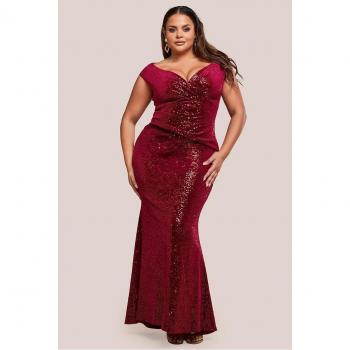 Goddess Wine Sequin Velvet Bardot Maxi Dress (Plus)