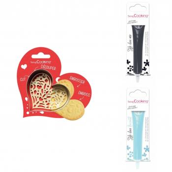 Kit à biscuits en relief Coeur + 2 stylos chocolat noir et bleu pastel Scrapcooking