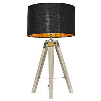 Modern Distressed Wood and Silver Chrome Tripod Table Lamp with Black/Gold Drum Shade
