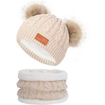 Children's Thick Cotton Beanie and Scarf with Pom Pom