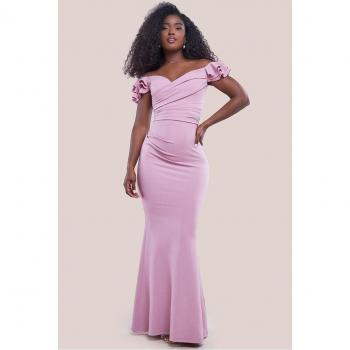 Rose Pink Goddiva Off‑Shoulder Frilled Scuba Maxi