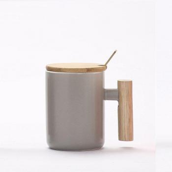 Taza de cerámica con tapa y mango de madera para bebidas 400ml