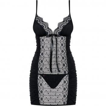 Schwarz-Obsessive Babydoll mit feinem Spitzennetz und String – L/XL