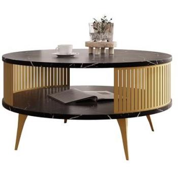 Table Basse Sordore 101, Design Doré et Marbre Noir, 75 cm de Diamètre