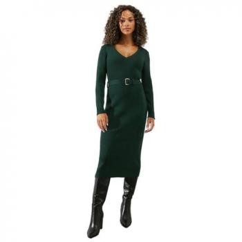 Forest Green Viscose Women's V Neck Belted Midi Dress
