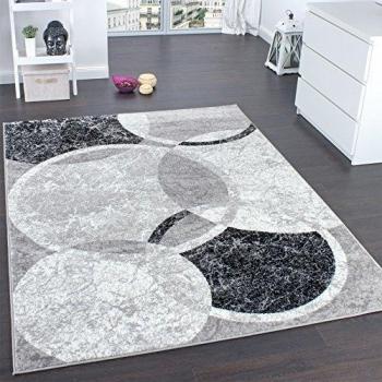 Paco Home Teppich Sinai 055 – Rechteckig, Kurzflor, 13 mm Höhe, Modernes Kreismotiv in Grau