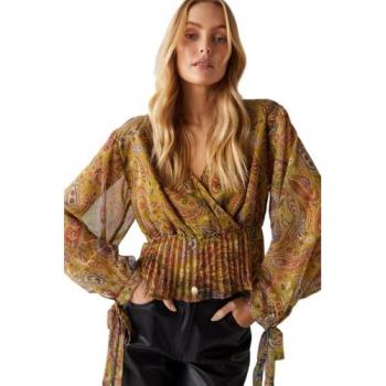 Lime Green Women's Chiffon Blouse with Paisley Print and Pleat Hem