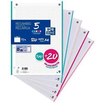 Recambio Oxford 5X5 mm A4 100+20 Hj 90 Gr 5 colores pastel