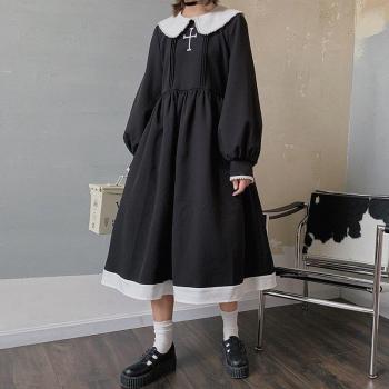 Vestido Negro Retro Japonés de Manga Larga para Chicas Kawaii