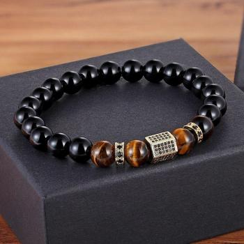 Men's Elastic Stretch Bracelet with Matte Onyx, Tiger Eye, and Cubic Zirconia