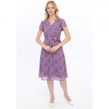 Abito elegante midi con colletto cruciforme, tessuto chiffon stampato, 38, sfumatura fucsia