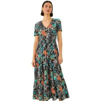 Roman Women’s V-Neck Leaf Print Midi Dress – Black, 12S