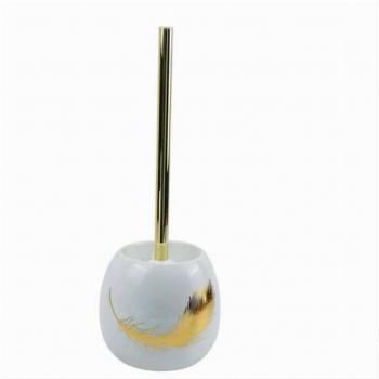 Escobillero de Baño Cerámico Blanco con Pluma Dorada