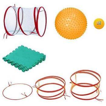 Parcours de motricité avec tunnel LUDI + 3 arceaux + grand ballon à picots + petit ballon souple + tapis de sol 6 dalles