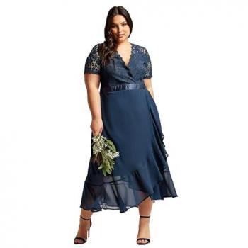 Robe Bleue à Volants et Dentelle Yours Curve 46