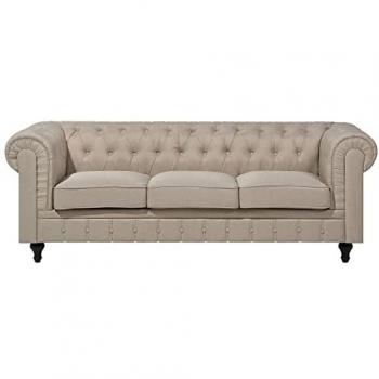 Beige Fabric Chesterfield Sofa with Dark Wood Legs