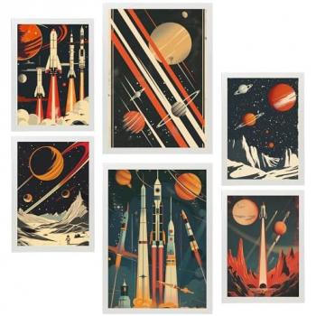 Nacnic Pósters de Nave Espacial y Planetas Vintage (Set de 6, Sin Marco)