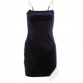 Quiz Womens Petite Blue Velvet Diamante Trim Mini Dress