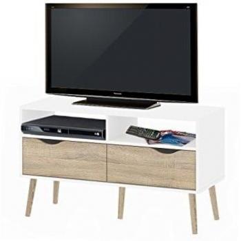 Large 2 Drawer Retro Inspired Modern TV Unit Matt White & Oak
