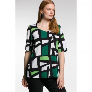 Top fluido con stampa grafica, scollo a cuore, mezze maniche, Donna, Nero, Taglia 64/66, Viscosa