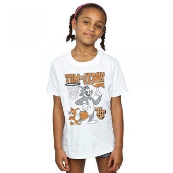 Tom & Jerry Spinning Basketball Tee – 7-8, White Cotton