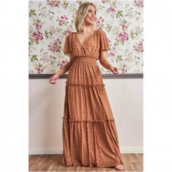 Goddiva Womens Polka Dot Tiered Chiffon Maxi Dress