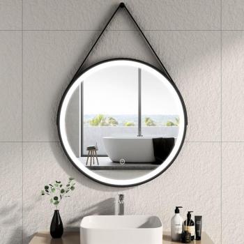 Specchio rotondo 80 cm con LED e cinghia regolabile, cornice nera – Luce bianca fredda e interruttore tattile