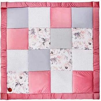 Tapis de parc bébé patchwork 100 cm × 100 cm – matelas de naissance en coton, motif rose, velours & piqué gaufré