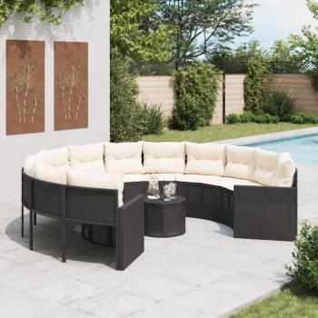 Black Rattan Garden Sofa with Cushions and Round Table