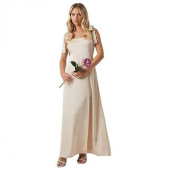Champagne Satin Tie Shoulder Midi Dress for Petite Women