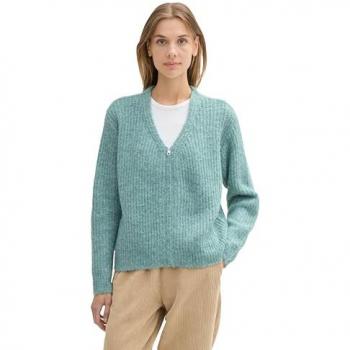 TOM TAILOR DENIM Damen Strickjacke mit Reißverschluss in Melange Grün, Gr. L