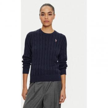 Navy Blue Women's Cable-Knit Pullover with Crew Neck Design