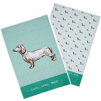 KitchenCraft Dachshund Tea Towels, White and Sage Green, Set of 2