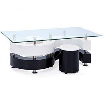 Inter Link Couchtisch 50100015 – Glas-Tisch & zwei Hocker in klassischem Schwarz-Weiß
