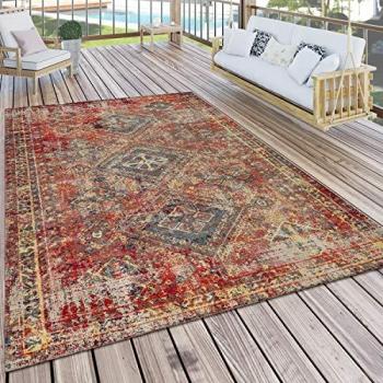 Tapis Extérieur 120x170 cm, Rouge, Motif Oriental, Résistant aux intempéries